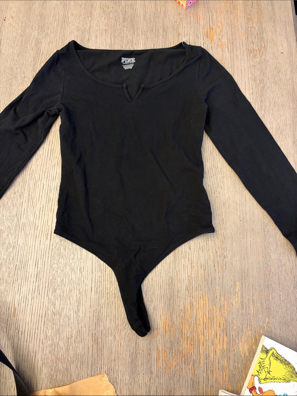 PINK Victoria's Secret Black Long-Sleeve Scoop Bodysuit